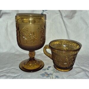 Tiara Indiana Glass 5" Tall Amber Victorian Sandwich Glass Goblet And Punch Cup
